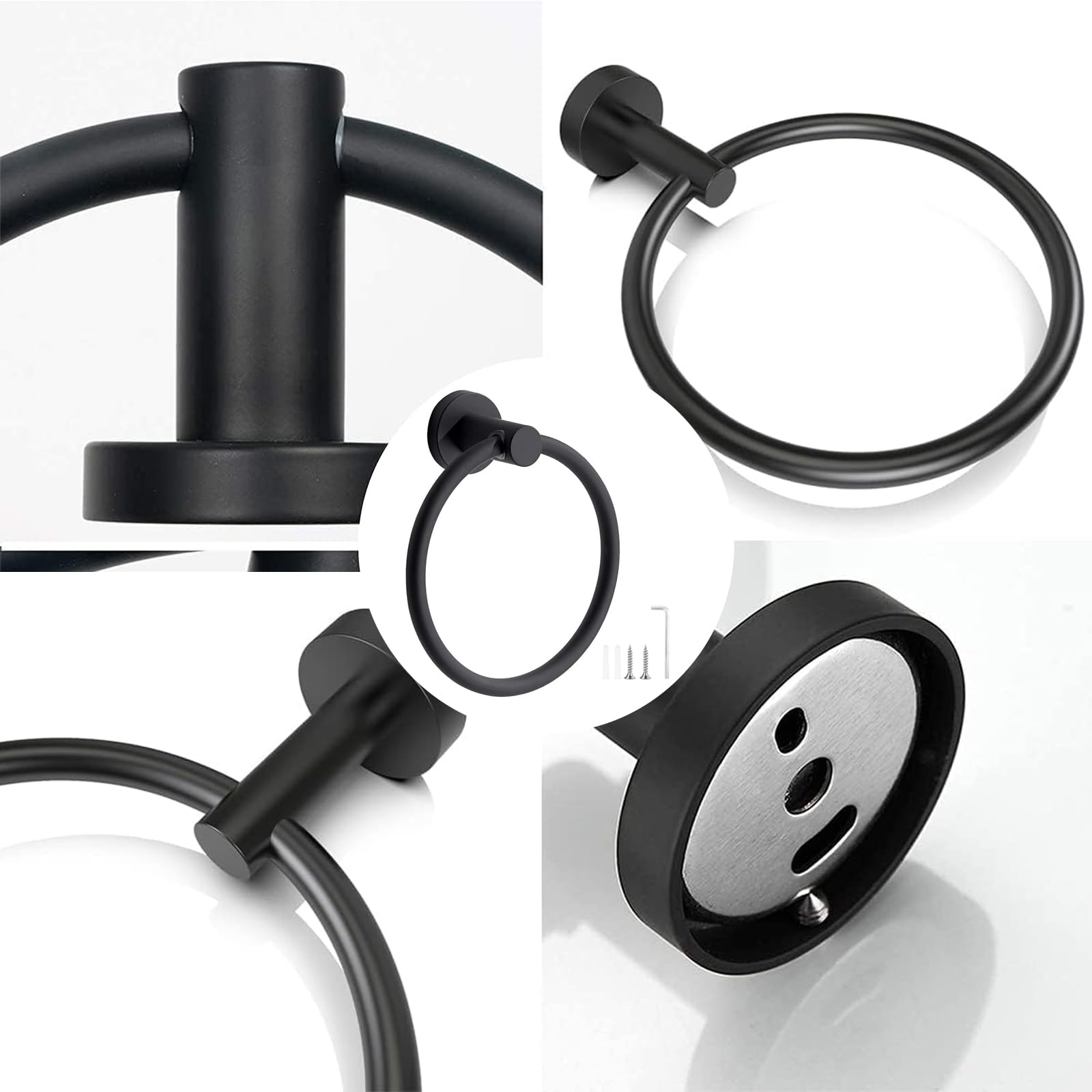 Toallero de Anilla, Soporte de Toallas Baño, Toalleros de Aro de Acero Inoxidable, Toallero Redondo con Accesorios de Fijación (Negro Mate)