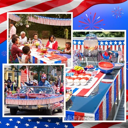 Image of Oudain 6 Pcs 4th of July Parade Float Decorations, Includes 2 Pack Patriotic Wavy Metallic Tinsel Foil Fringe Table Skirts 4 Pack Red White and Blue Fringe Banner for Labor Day, Veterans Day