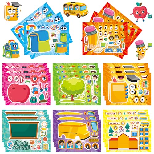Conzon 24PCS Make Your Own Back to School Stickers School Bus Backpack Pencil Mix and Match Sticker Welcome Back Make a Face Stickers DIY Crafts for First Day of School Adults & Family Party Favor