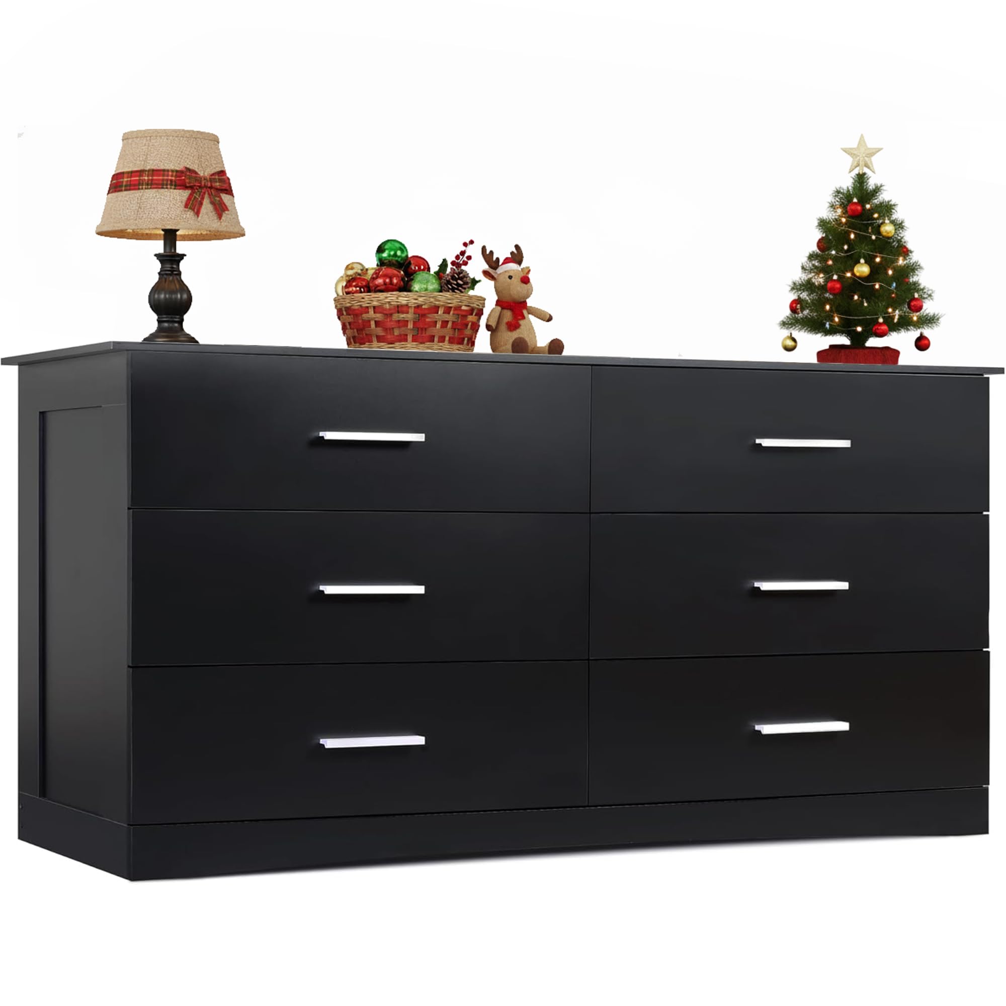 WLIVE Wood Dresser for Bedroom, Black 53'' Wide Chest of Drawers with 6 Drawer, Oak Furniture Large Storage Tower Unit, Closet Store Organizer for Living Room, Hallway, TV Stand, Modern Minimalist