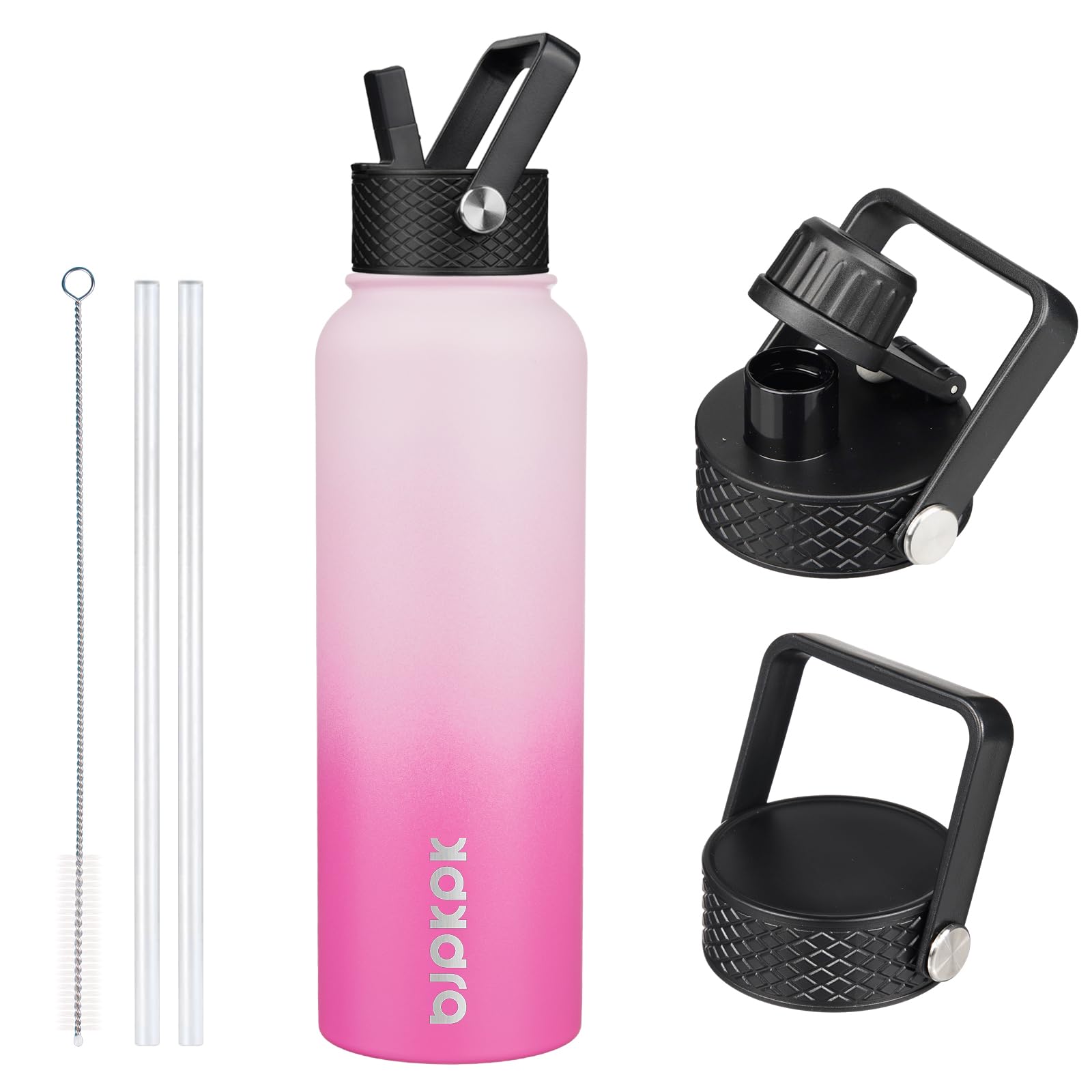 BJPKPK Insulated Water Bottles with Straw Lid, 40oz Stainless Steel Water Bottles with 3 Lids, BPA Free Leakproof Thermo, Tumblers, Cups for Sports, Gym- Cherry