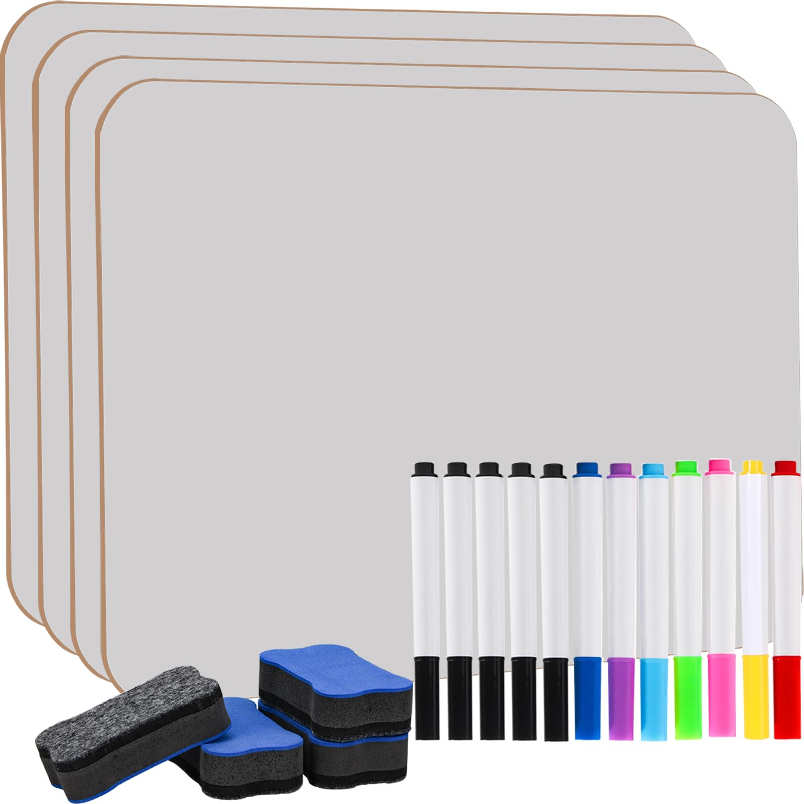 4 Pack A4 Whiteboard, Mini Dry Erase White Board, Durable Portable White Boards for Students with 12 Pens and 4 Erasers, Small Whiteboard for Home,Classroom,Office