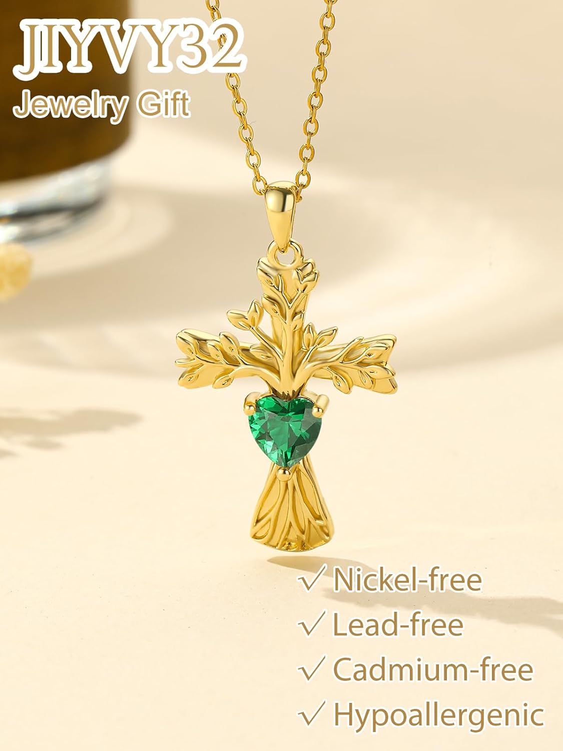 Cross Necklace for Women 14K Gold Tree of Life Cross Pendant with Birthstone Anniversary Birthday Gift for Wife Mom Protection Christian Jewelry Adjustable Chain