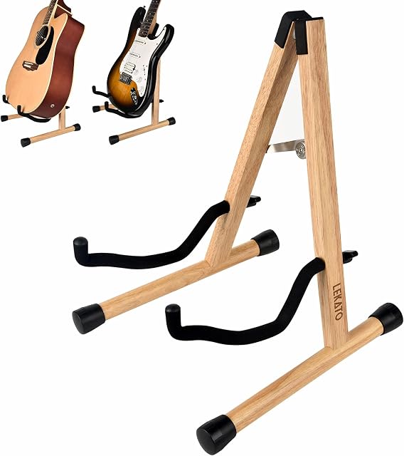 LEKATO Guitar Stand Wooden Acoustic Guitar Stand Floor Hardwood Electric Guitar Stand Bass Stand Wood Classical Guitar Holder with Foam Padded for Guitars Bass Cello Banjo Mandolin Ukulele Real Wood