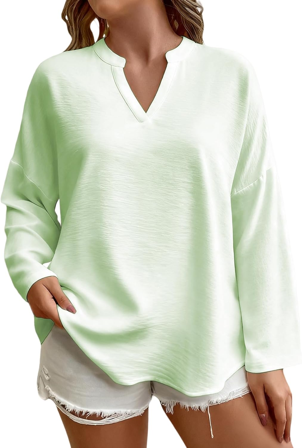 Women Long Sleeve Solid Color T Shirt V Neck Loose Fit Soft Breathable Spring Casua...