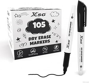 XSG Dry Erase Markers，105 Pack Black Whiteboard Markers Bulk，Fine Point Dry Erase Markers fo Office, School & Home Use on Whiteboards, Glass & Refrigerators