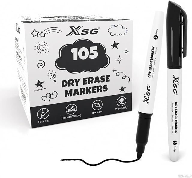 XSG Marqueurs d'effacement à sec,105 Pack noir marqueurs de tableau blanc en vrac, Marqueurs à effacement sec à point fin pour bureau, école & Utilisation à la maison sur les tableaux blancs, verre & Réfrigérateurs