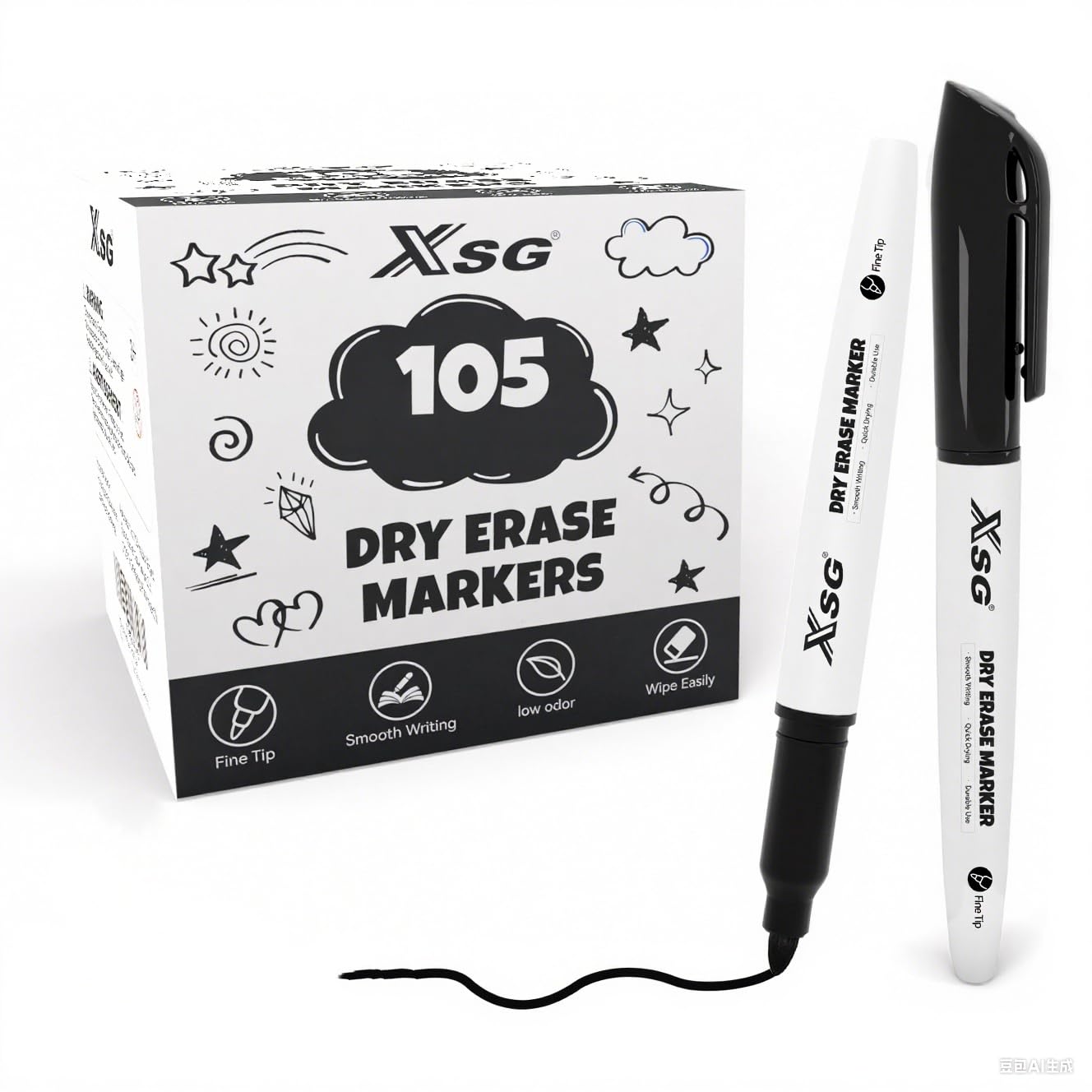 XSG Dry Erase Markers，105 Pack Black Whiteboard Markers Bulk，Fine Point Dry Erase Markers fo Office, School & Home Use on Whiteboards, Glass & Refrigerators