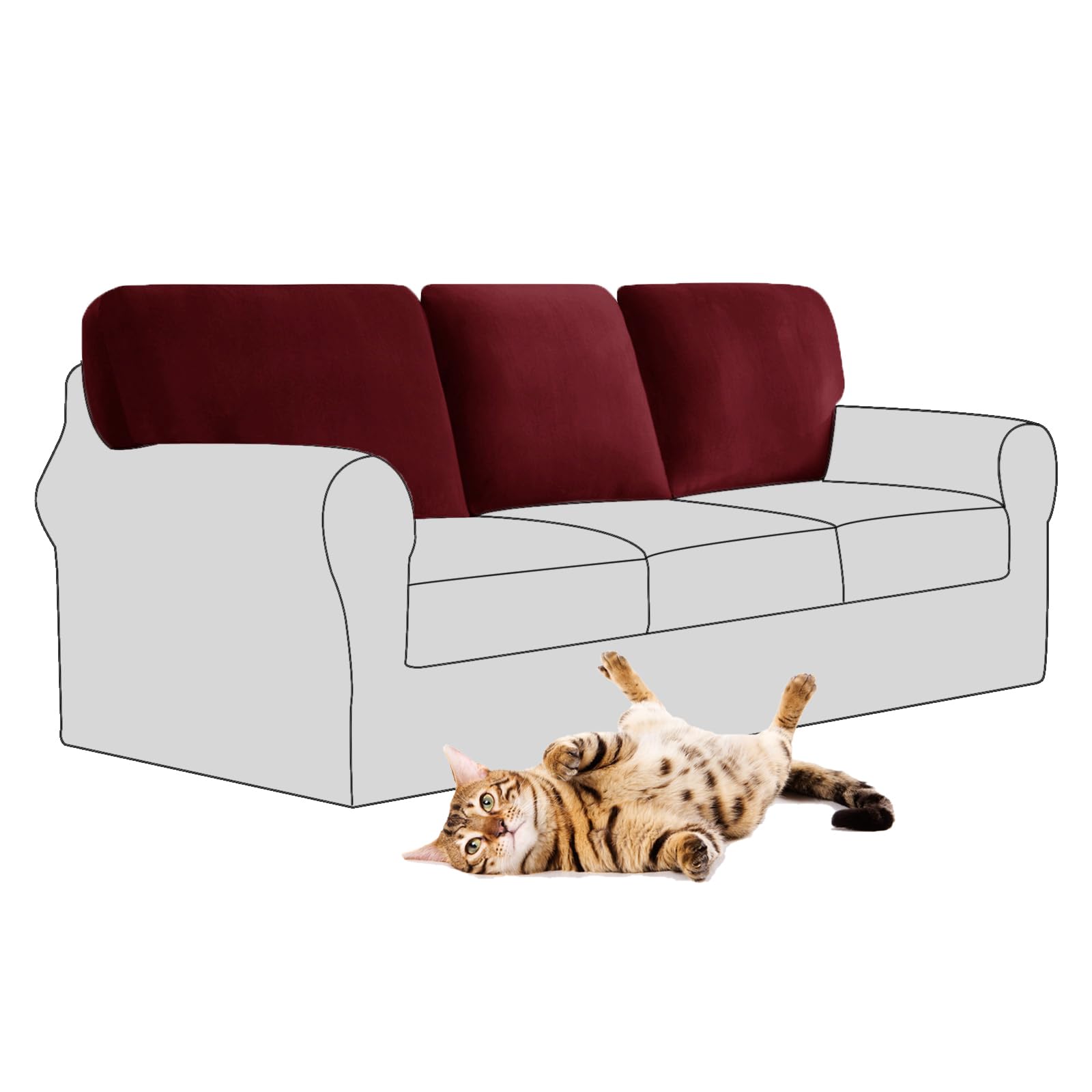SYLC Stretch Velvet Sofa Backrest Cover, Back Cushion Covers Non-Slip Sofa Cushion Slipcovers for Couch Chesterfield Caravan RV Dinette (Wine red,3 pcs Square L)