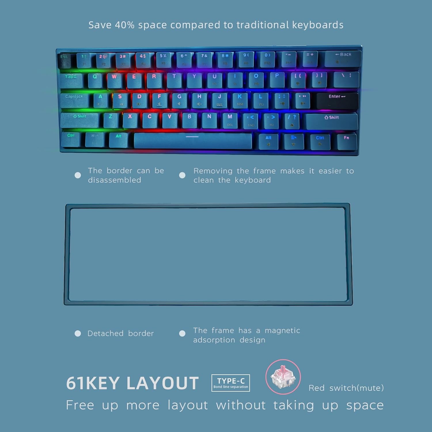ONE-UP Portable 60% Mechanical Gaming Keyboard, LED Backlit Compact 61 Keys Mini Wired Office Keyboard with Red Switch, for Windows Laptop PC Mac - Black/Grey（Pale Blue）【Red Swich】