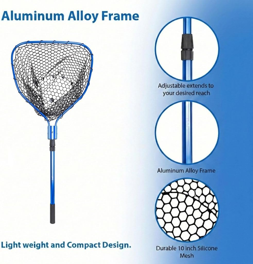 UMT Telescopic Fishing Landing Net (3.6–5 ft) — 17" x 19" Large Hoop, 10" Deep Silicone Rubber Mesh, Tight Fit, for Freshwater & Saltwater, Blue