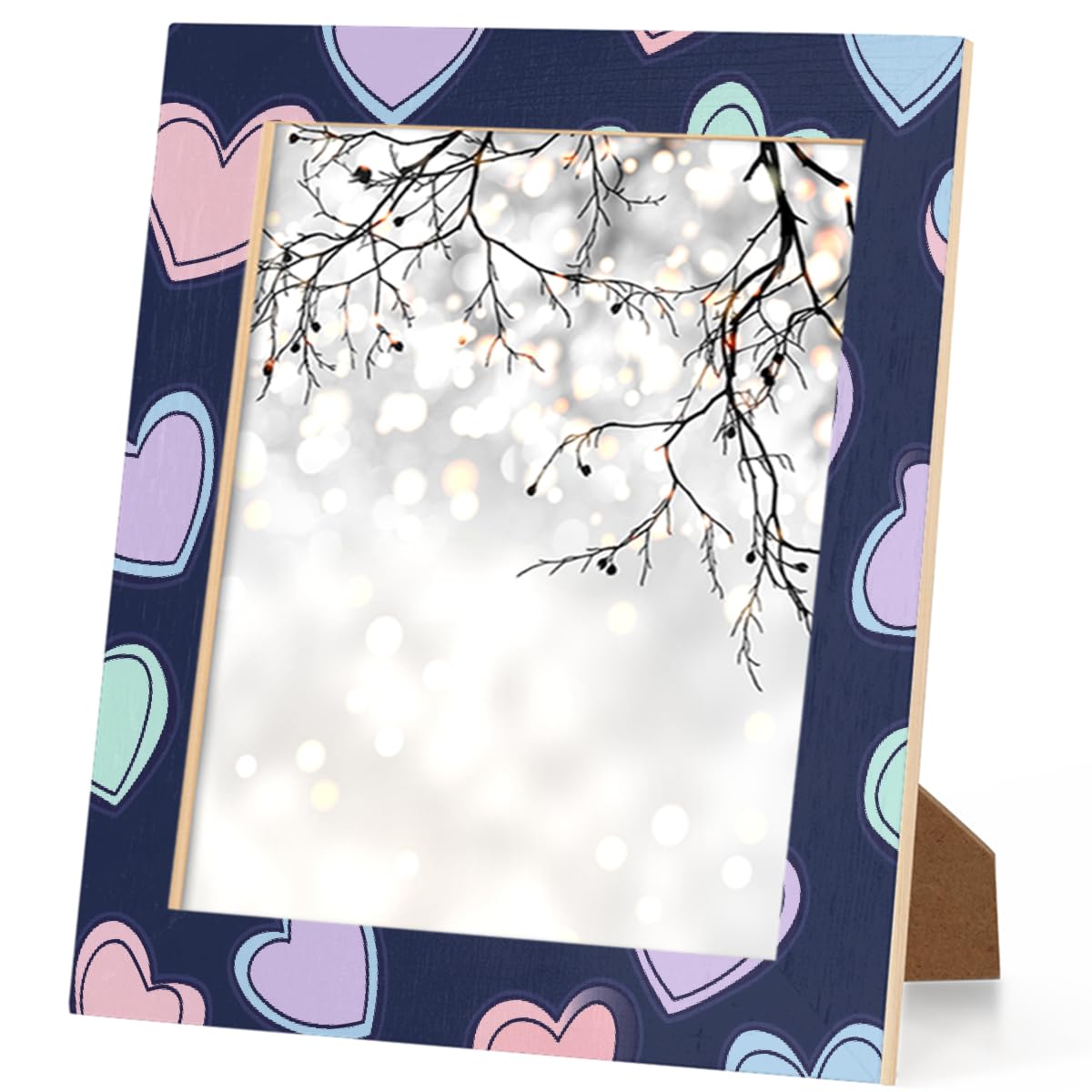 Bilderrahmen zum Valentinstag, buntes Herz, blauer Hintergrund, Holz-Foto-Schaukasten, Heimdekoration, Fotocollage-Rahmen für Wand und Schreibtisch, 27,9 x 35,6 cm