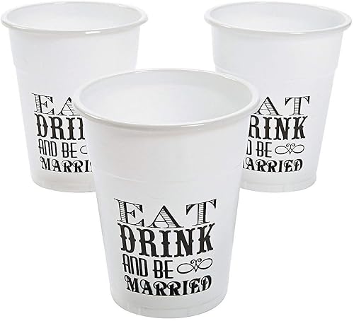 Fun Express Vasos desechables Eat Drink and Be Married (juego de 50 a granel) Suministros para fiesta de boda