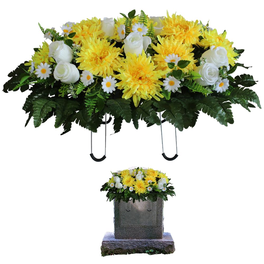 Yellow Artificial Cemetery Flowers Saddle Long-Lasting Bright Color Headstone Flower Saddle Cemetery Memorial Flowers for Outdoor Tombstone Decorations. image 8