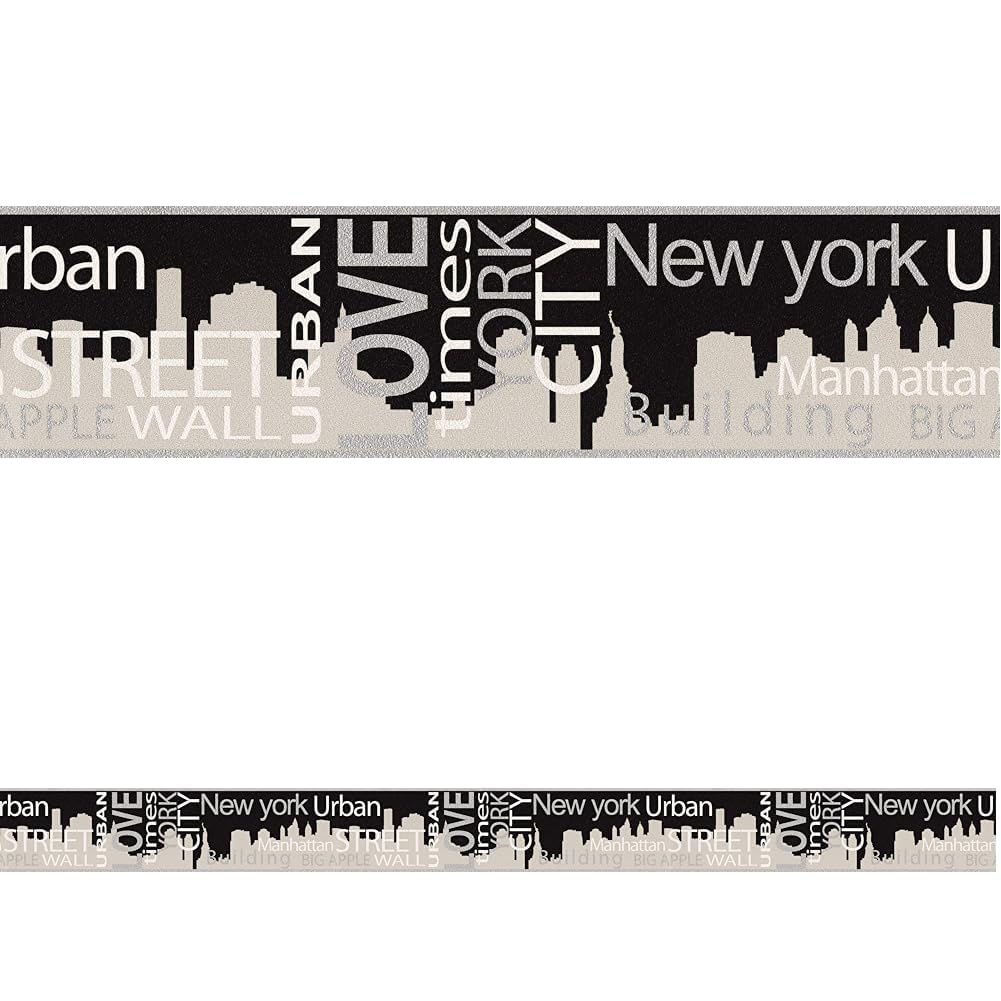 A.S. Création Bordüre New York City für Kinderzimmer - Grau Metallic Schwarz Schlafzimmer Wohnzimmer Küche - Städte Skyline NYC (Packung mit 4)