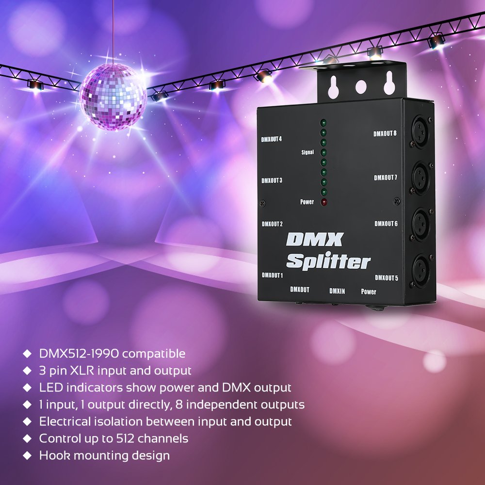 Lixada DMX512 óptico Splitter Actúa como DMX512 Distribución para iluminación de escenarios, 8 Canales Salidas Independientes, Aviones tamaño: 12.8 * 4.3 * 17.2 cm.'