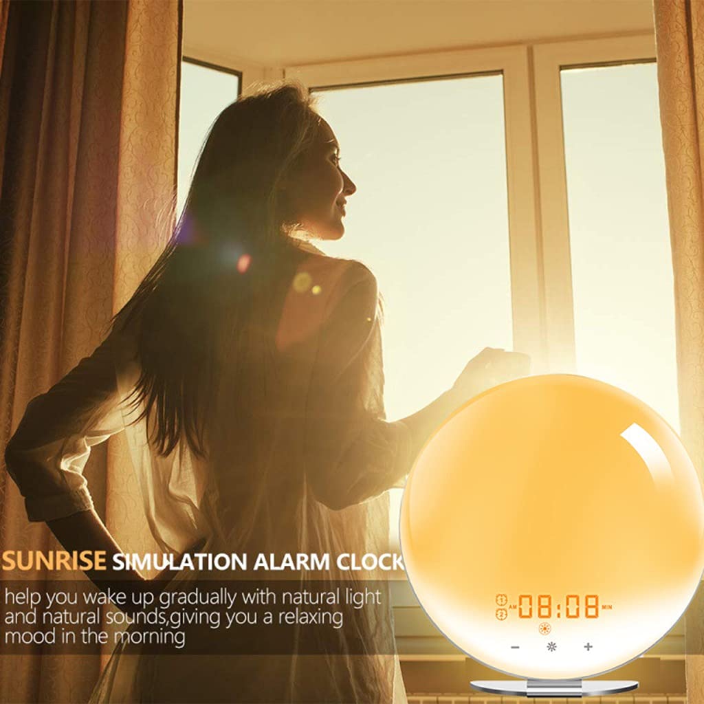 Sveglia All'alba, Doppio Allarme, Funzione Snooze, Sveglia Digitale, Radio FM e 7 Suoni Naturali e 7 Colori, Ideale per Bambini e Adulti