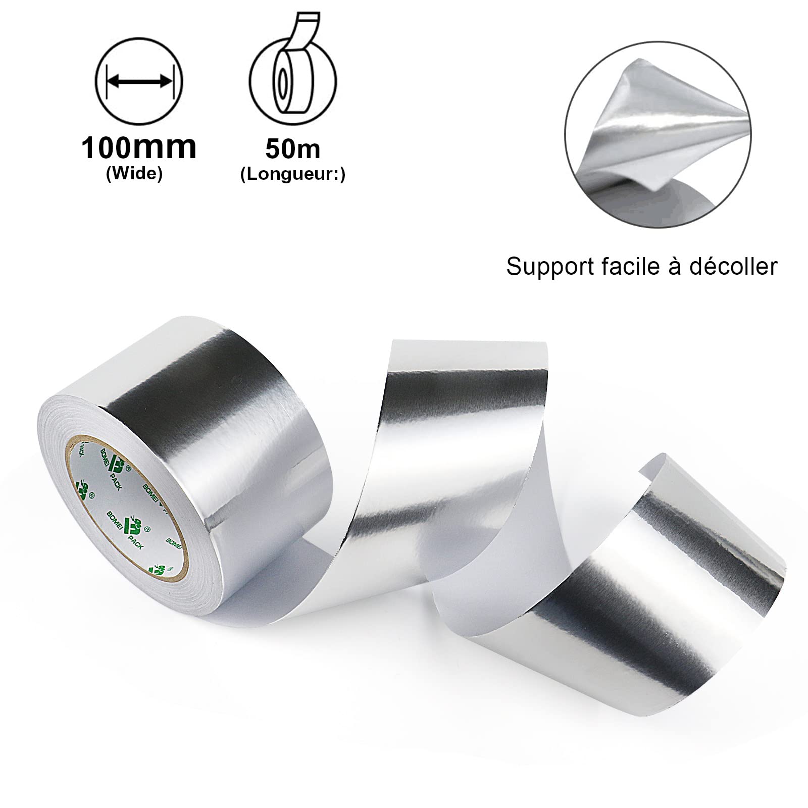 BOMEI PACK Large Ruban adhésif en aluminium - 100 mm x 50 m - ruban métallique très résistant, résistant à la chaleur, parfait pour l'étanchéité et le colmatage, réparation des métaux