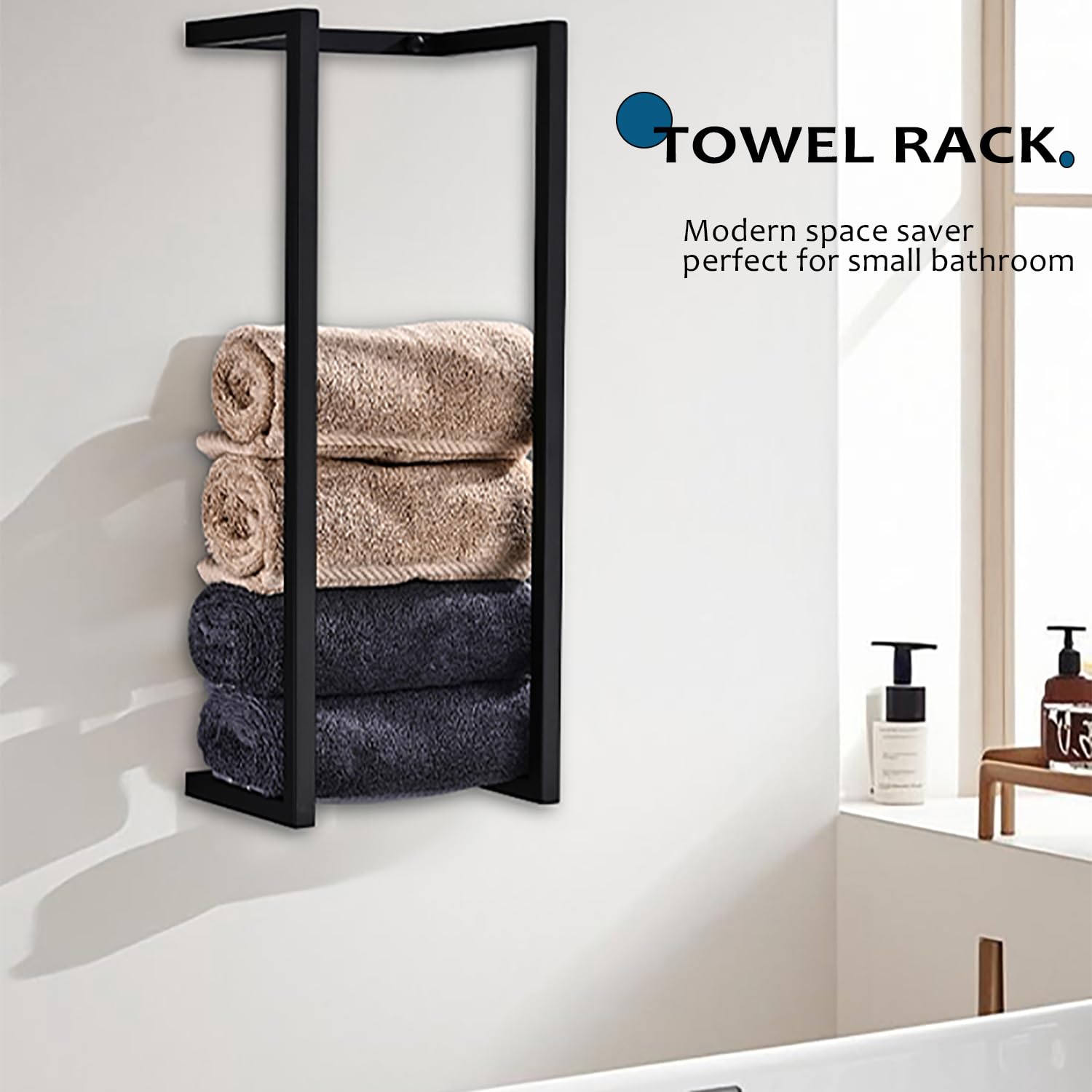 Toalleros para toallas enrolladas de baño, estante vertical de almacenamiento de toallas para baño, soporte de toallas de baño negro mate de aluminio de alta calidad, montaje en pared, fácil de
