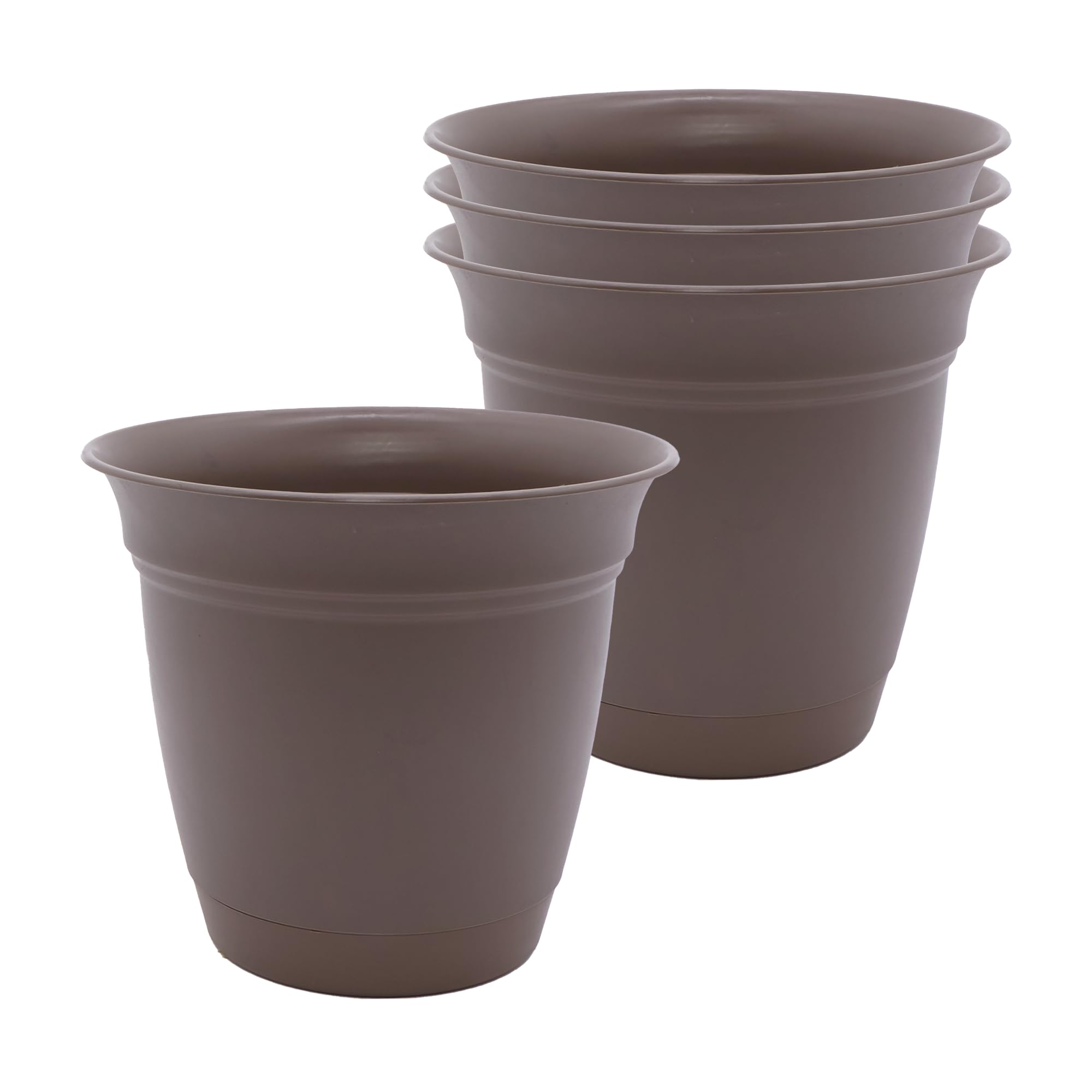 The HC Companies 6 Inch Eclipse Round Planter Pots with Drainage Holes & Attached Saucer, Lightweight UV-Resistant Plastic Indoor & Outdoor Planters, 4-Pack Flower Pots, Garden Home Decor, Cappuccino