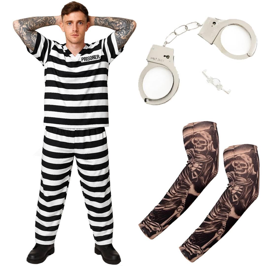 Adults Striped Convict Costume – Prisoner Outfit with Cuffs & Tattoo Sleeves – Halloween Fancy Dress for Adults & Teens