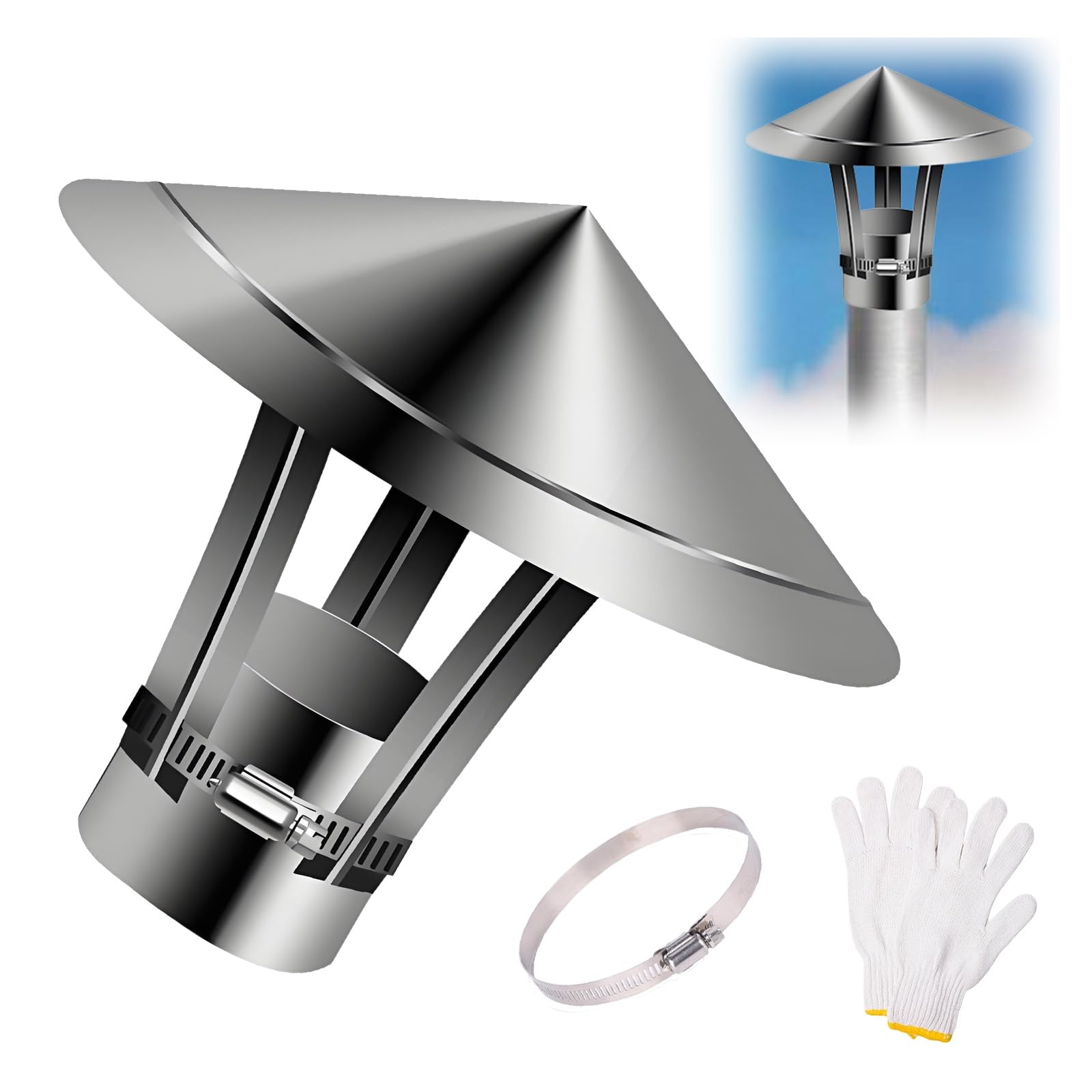 Edelstahl-Schornsteinaufsatz, 110mm 200mm 300mm 50mm 80mm 150mm Dachentlüftung Aufsatz, Kegel Oberseite Rauchrohr Regenhaube, verstellbar Schornsteinabdeckung(80mm/3.1in)