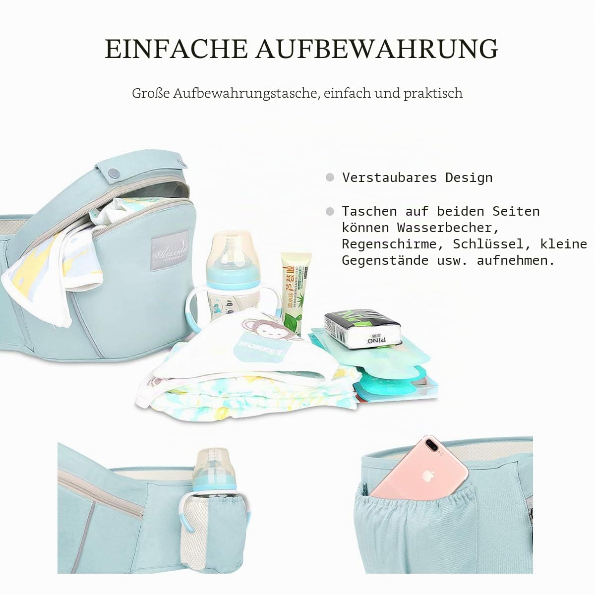 SONARIN Babytrage Ergonomisch mit Hüftsitz/reiner Baumwolle, Kopfstütze, Mehrfachpositionierung: Rücken, Bauch, einstellbar für Neugeborene und Kleinkinder 0 bis 36 Monate (bis zu 30 kg) Blau
