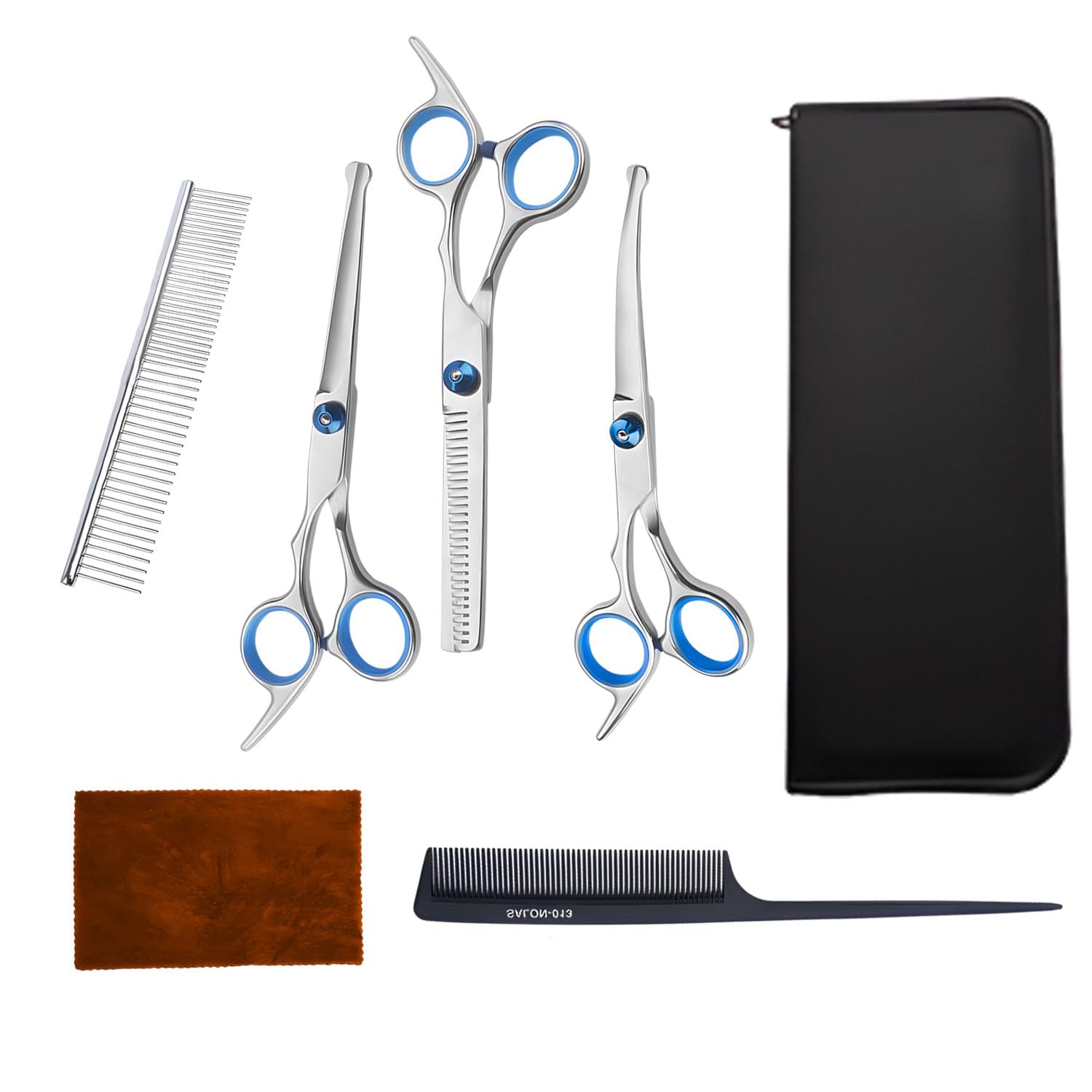 AUSYIWI 7 piezas Tijeras para Peluqueria Canina Profesional, Tijeras de Acero Inoxidable con Puntas Redondas de Seguridad, Incluye Tijeras para Adelgazar, Tijeras Curvas y Rectas, Peine