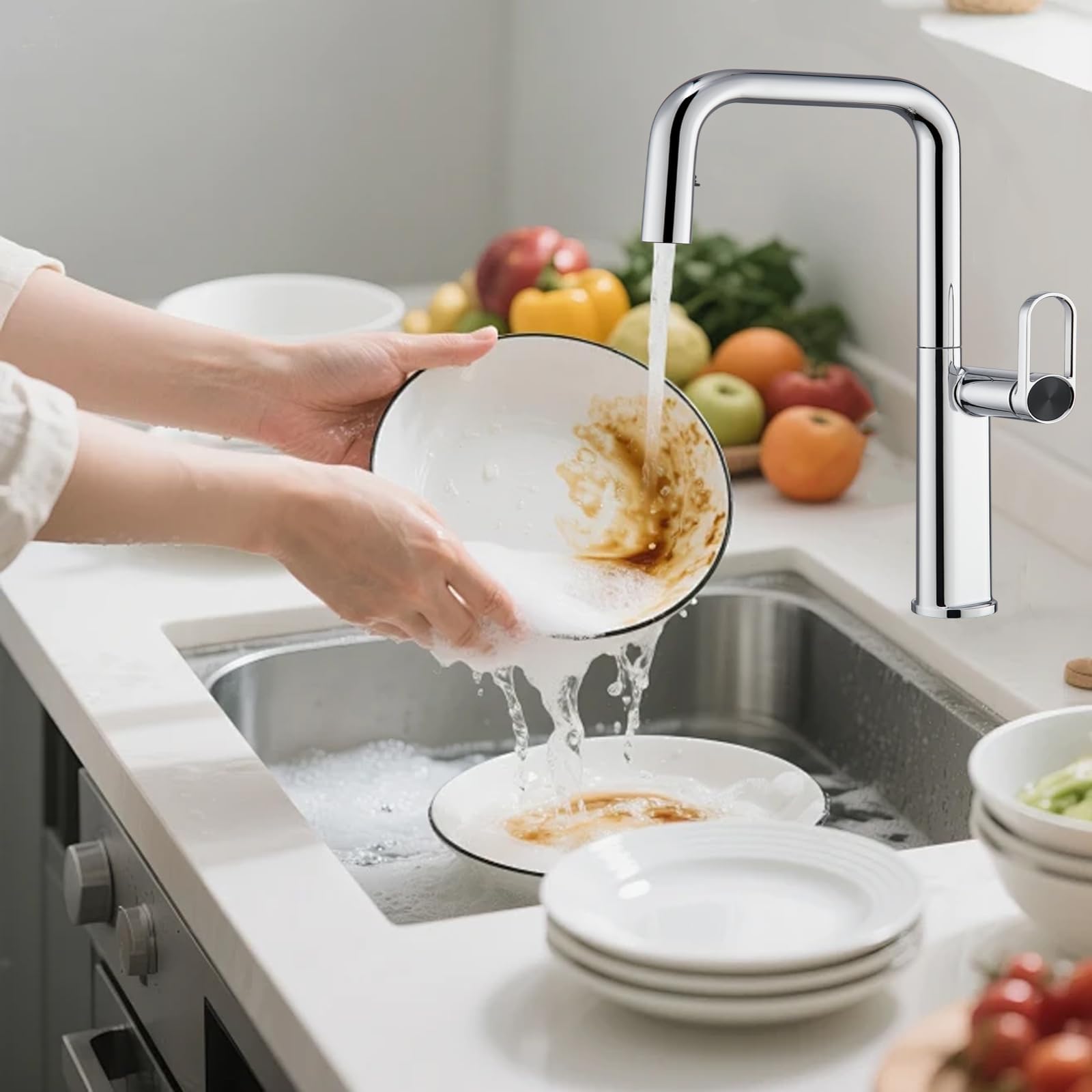 Robinet de cuisine avec douchette extensible et bec pivotant à 360° coloris argenté