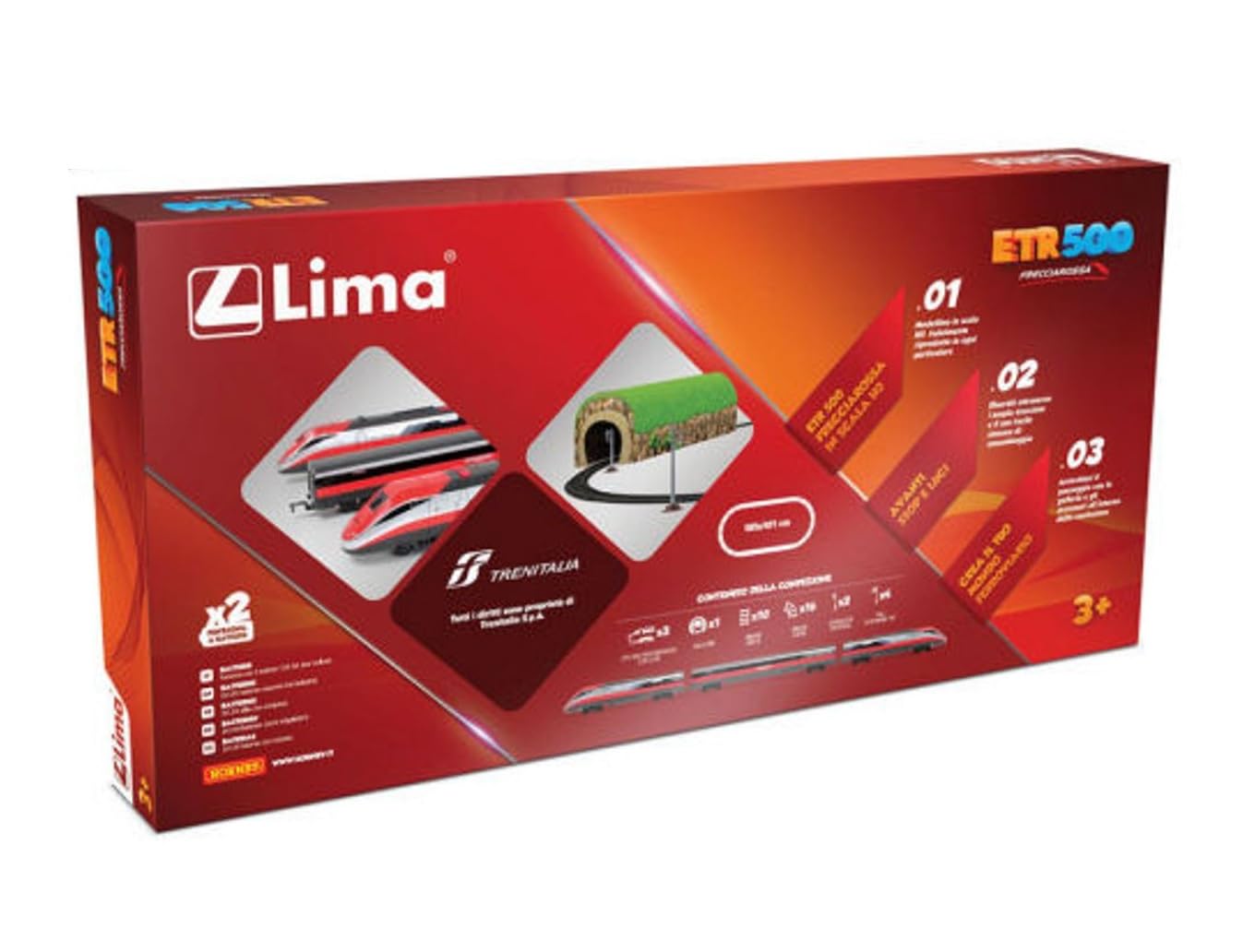 Pista Trenitalia Frecciarossa ETR 500 Lima con luci e Suoni - Treno Giocattolo 2 locomotiva 1 vagone e 1 tracciato ovale - Funzionamento a Batteria - idea regalo