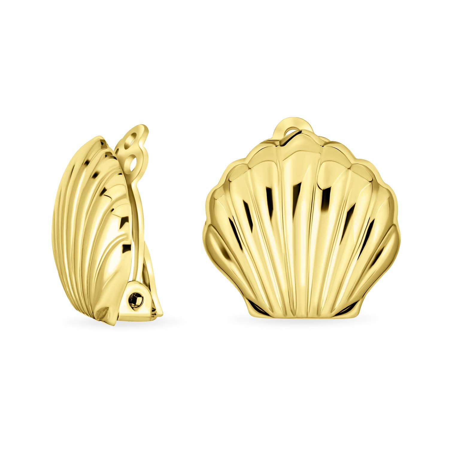Pendientes De Concha Marina Tallada Náuticos Pulidos De Clip Para Mujer Sin Perforar Chapados En Oro De 14K Plata De Ley .925