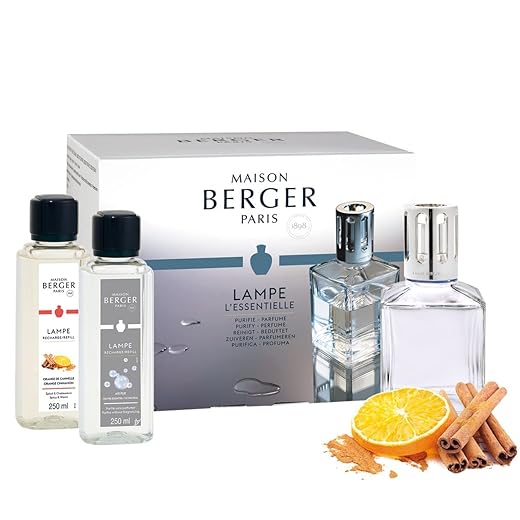 Lampe Berger 3298 Weihnachts-Edition Starter Set eckig inkl. Brenner/Docht und 2 Nachfüllflaschen 250 ml Parfum de Maison Orange-Zimt und Duft Neutral + Kugelschreiber Lieblingsmensch