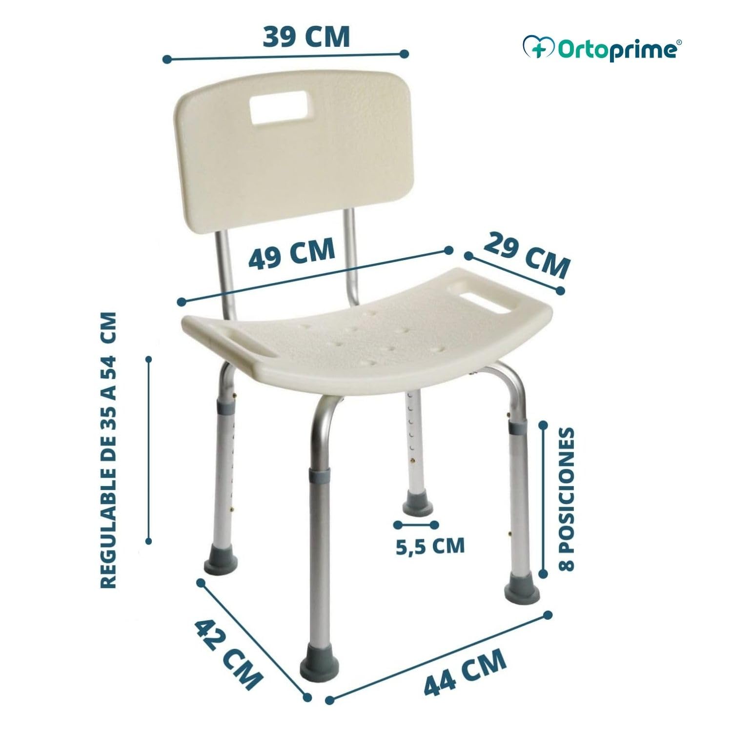 OrtoPrime Silla para Ducha Ortopédica - Taburete Baño con Respaldo - Asiento para Ducha Regulable en Altura - Silla para Ducha para Personas Mayores - Antideslizante Ducha