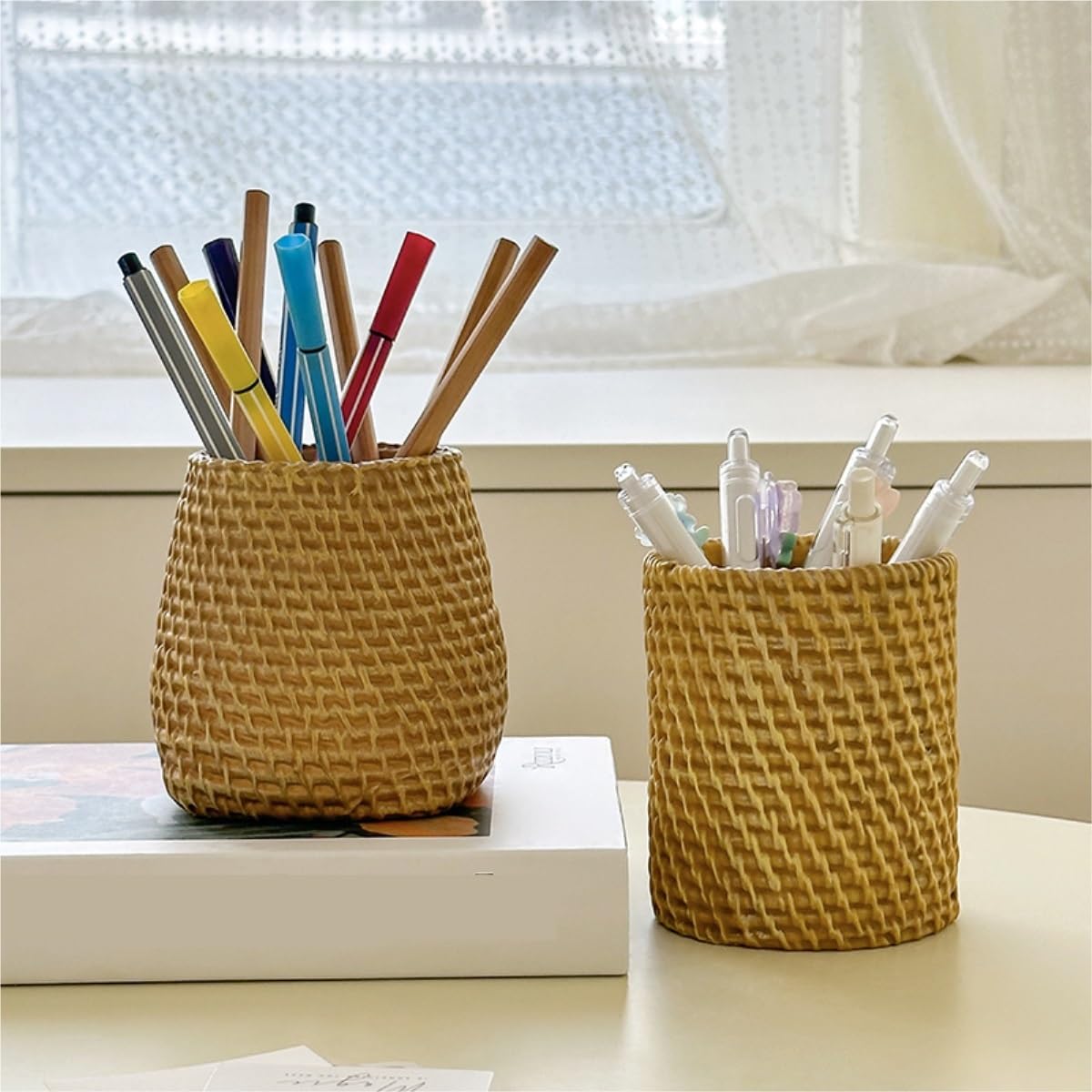Stifteköcher Stifte Halter Rattan-Stifthalter, Weiden-Stiftbecher-Behälter, Gewebter Schreibtisch-Organizer For Zuhause Schreibtisch-Organizer(Square)
