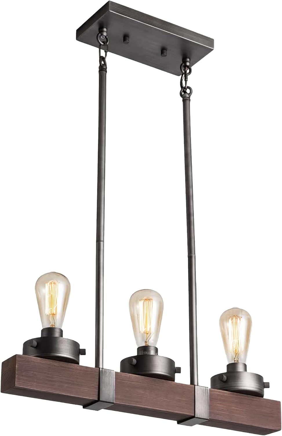 Farmhouse Wooden Chandelier, L 21.7" Rectangle Linear Kitchen Island Lighting Rustic Wood Hanging Lamp Fixture 3-Light Vintage Industrial Chandelier Pendant Light for Dining Room, Entryway Cafe Bar Wood 1