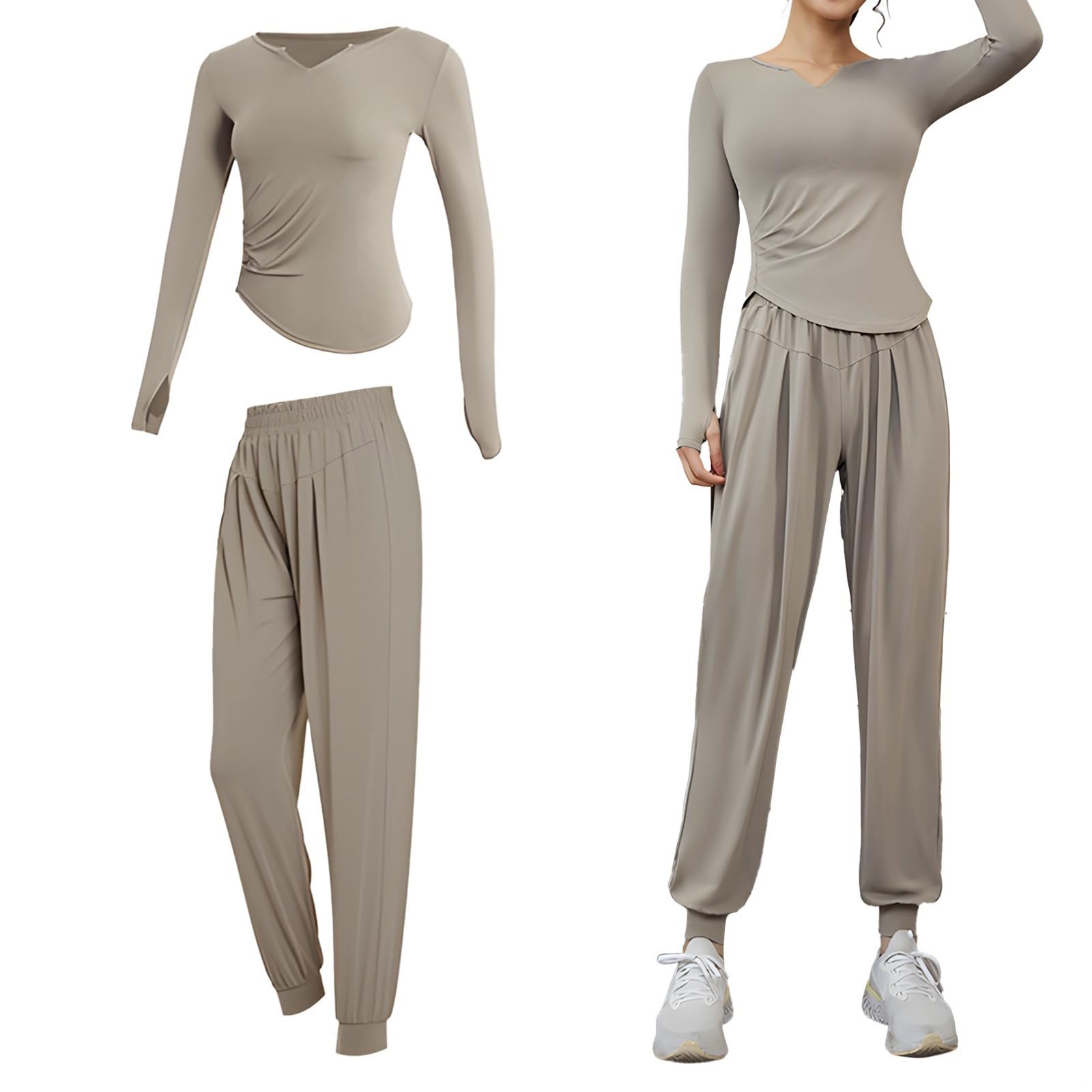 Tc54014 Ensemble de 2 pièces pour femme Noir Pilates avec tissu polyester-élasthanne, ajustement confortable, kaki, XXL
