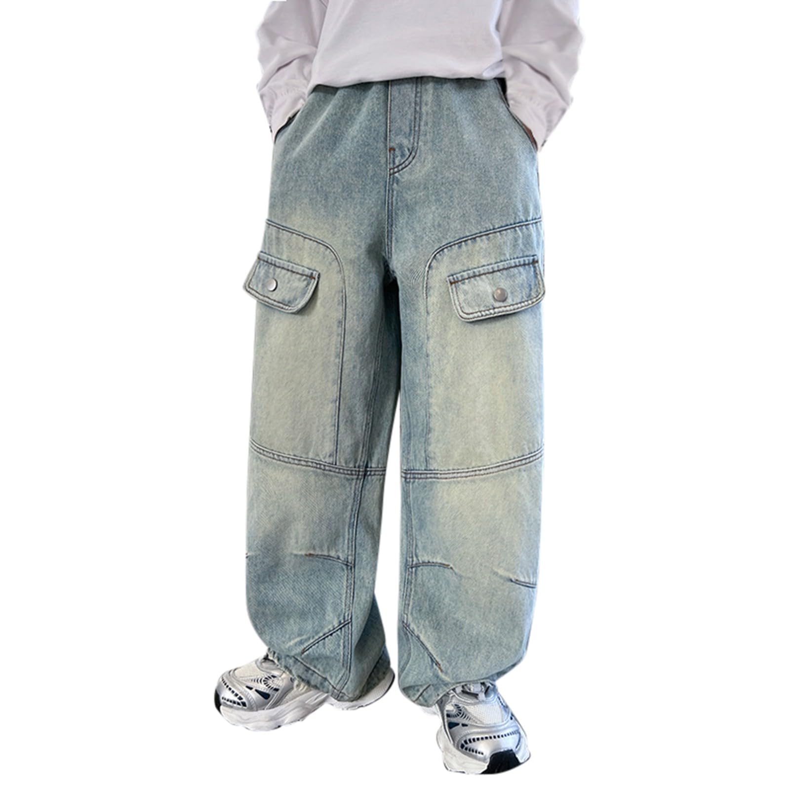 Trendy Distressed Cargo Jeans for Boys Light Blue Denim Sweatpants with Pockets Elastic Waist (Light Blue, 10-11 Years)