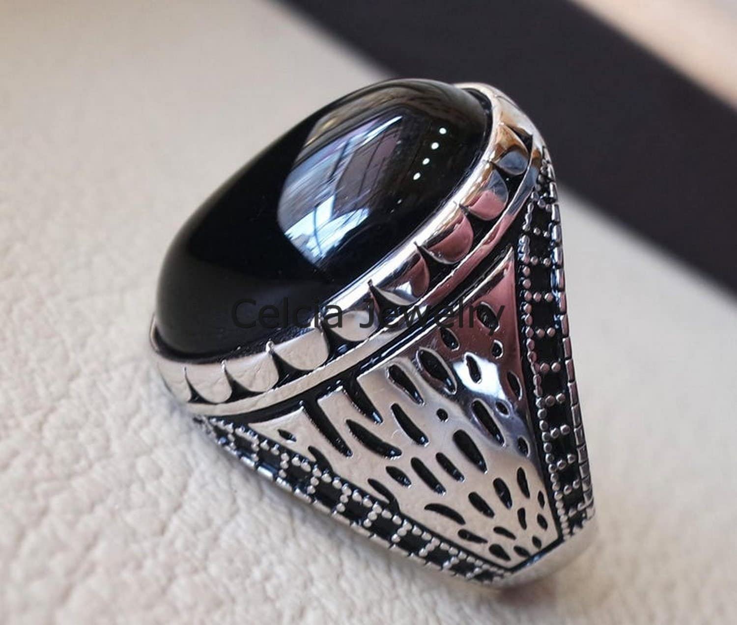 Anello antico pietra preziosa di onice nero, anello per regali di nozze per uomo, regali per l'di compleanno per papà, marito, fidanzato, anello di dichiarazione, regali di fidanzamento (nero-onice)