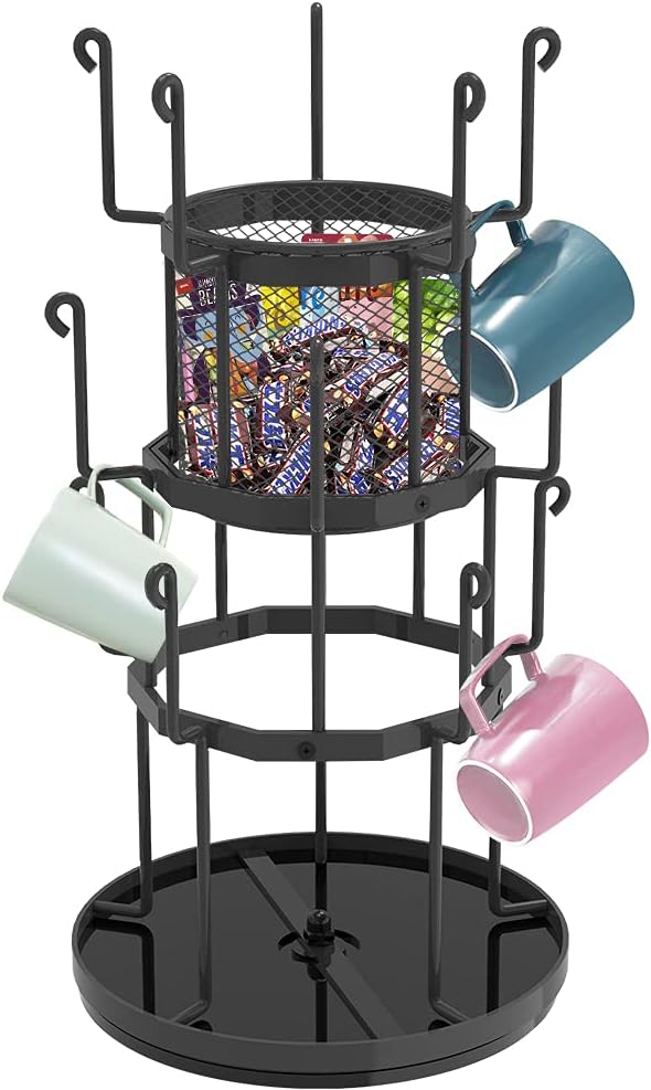 Black 3 Tier Rotatable Coffee Cup Tree Stand - Metal Mug Rack, 15 Mugs Capacity