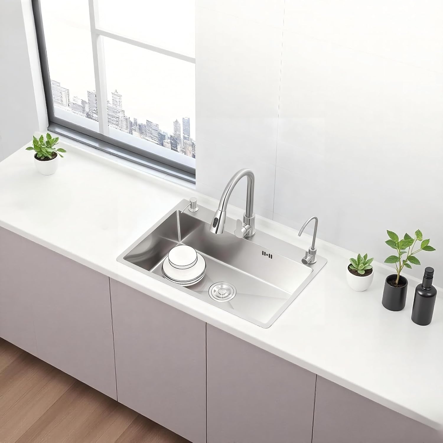 23.6 x 17.7 Inch Kitchen Sink, T304 Stainless Steel Sink, Top Mount Kitchen Sinks with Basket Strainer and Pipe