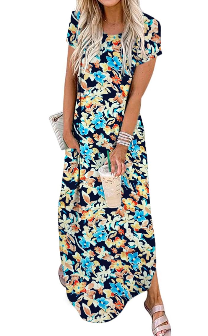 Jeqeocafy Women Summer Long Sundress Crewneck Short Sleeve Maxi Dress 2026 Casual Loose Beach Dress with Pockets