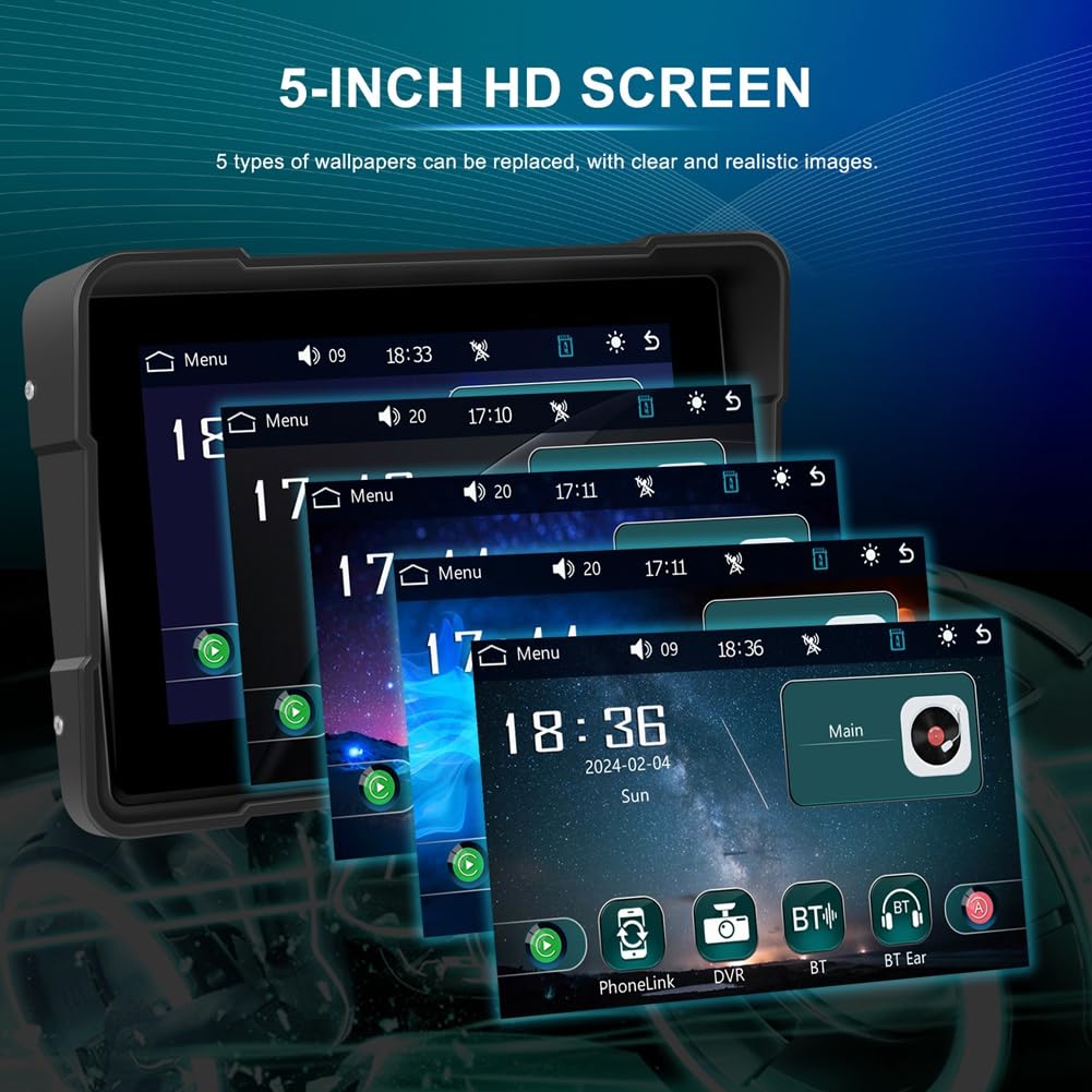 5 Pouces Moto sans Carplay Android Auto Portable Lecteur Intelligent Étanche Moto Affichage DVR, avec Caméra