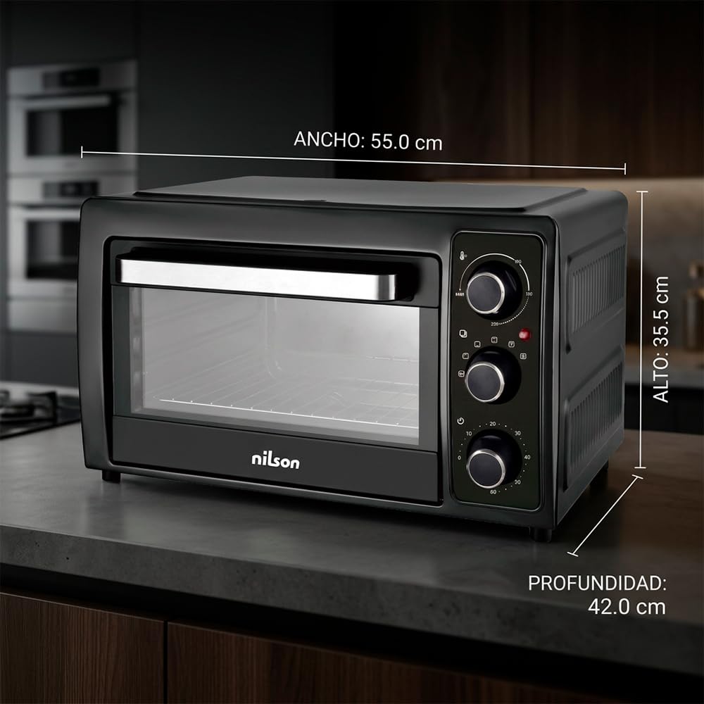 Four de table 48 l, convection, 5 fonctions de cuisson, 2000 W, contrôle mécanique, température max 230°, minuterie 60 min, avec plateau, grille métallique et pierre à pizza
