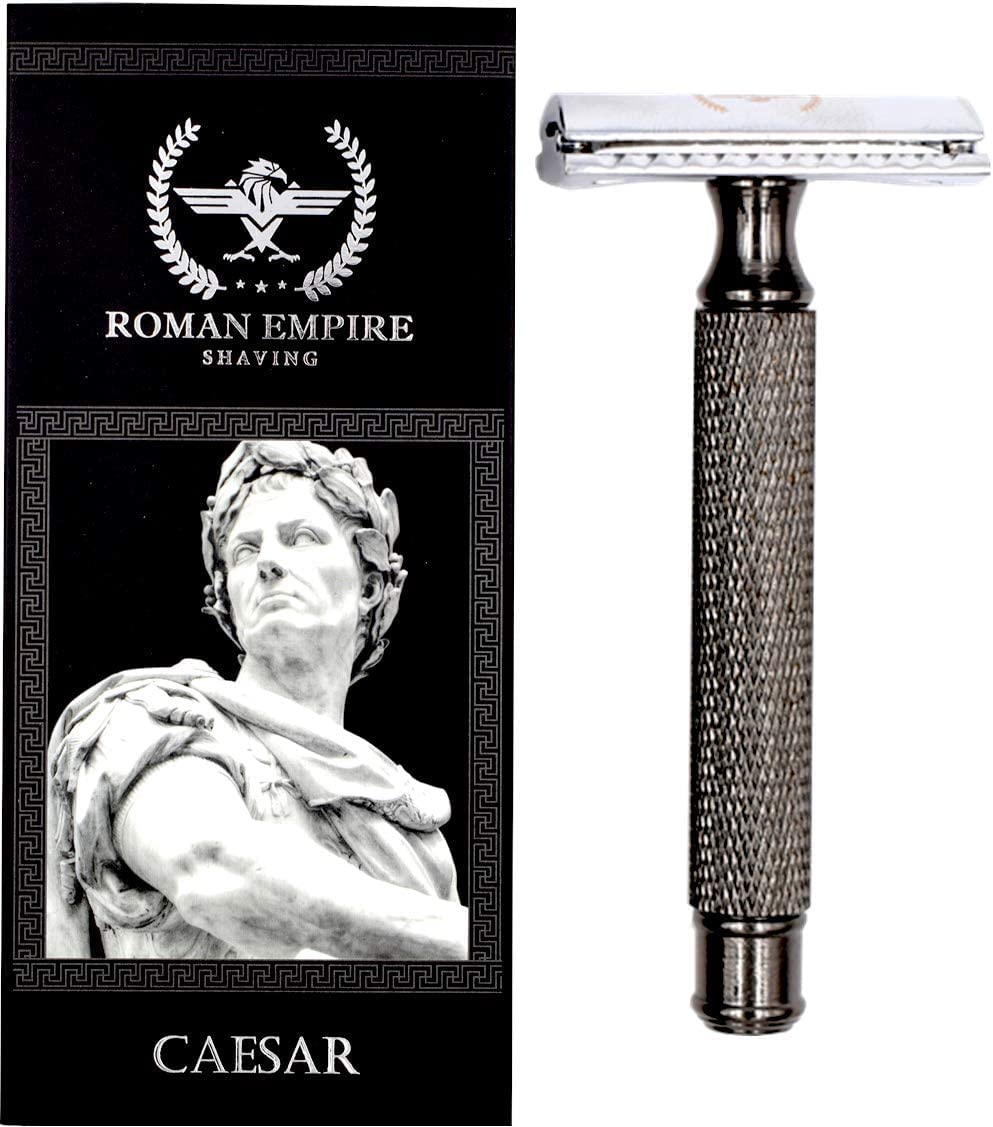 Maszynka do Golenia na Żyletki Caesar Gun Metal – Roman Empire Shaving, Klasyczna Stalowa Maszynka z 20 Żyletkami Astra, Derby, Shark i Treet