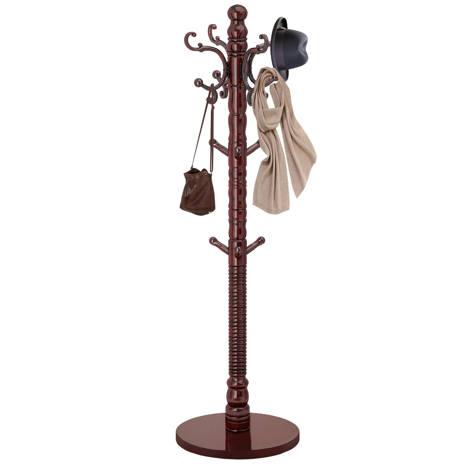 Wood Coat Rack Stand, Vintage Wooden Coat Rack Freestanding with Sturdy Round Base,Classic Coat Racks with 14 Hooks, Natural Birch Wood Standing Coat for Entryway (Vintage Round chassis)
