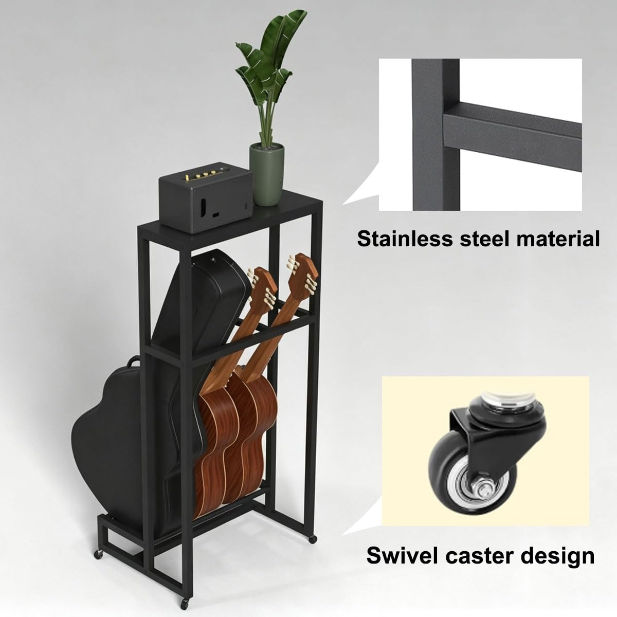 Supporto mobile in metallo per chitarre e accessori per amplificatori | Ospita 3 strumenti a corda, con ripiano superiore, ideale per studi musicali domestici