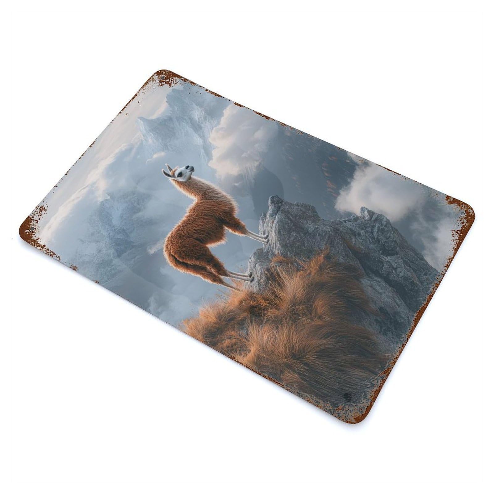 Rust Effect Llama on Mountain Peak Rusty Metal Tin Sign 11.8"x7.9", Rustic Home Decor for Bistro, Counter And Cafe Decor