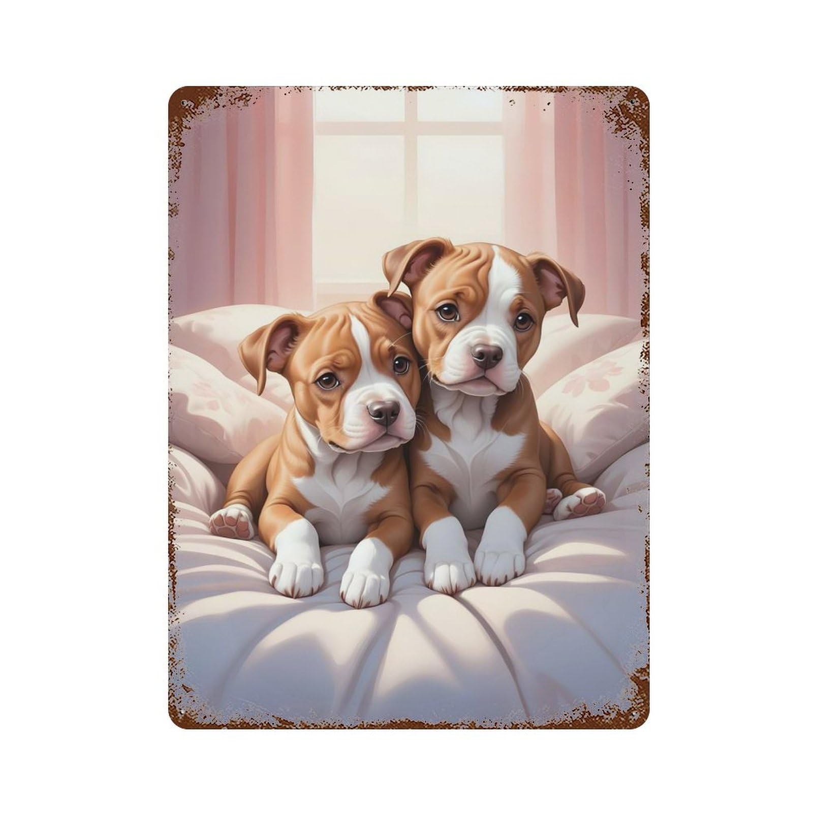 Rust Effect Pitbull Puppies Distressed Metal Wall Sign 15.7"x11.8", Decorative Metal Wall Art for Living Room, Hallway And Home Decor