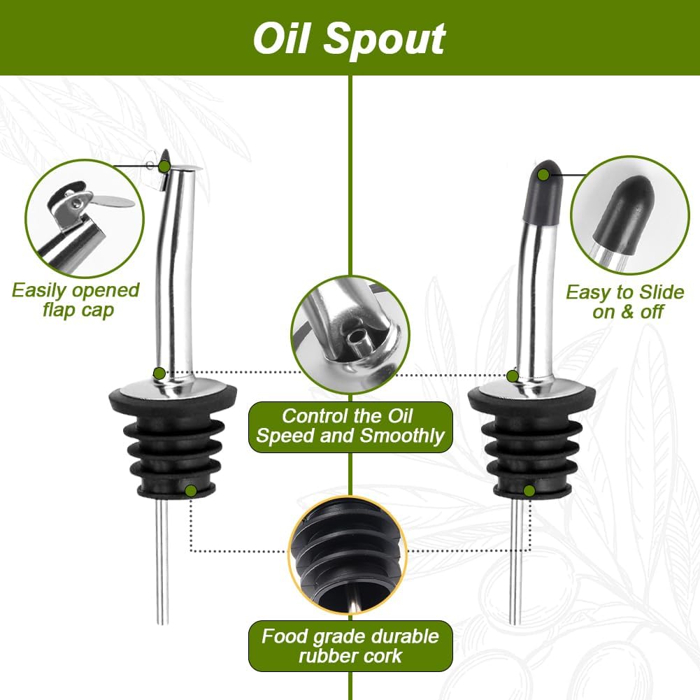 Botella dispensadora de aceite de oliva, 2 botellas de aceite de vidrio verde para cocina, juego dispensador de aceite y vinagre con vertedores y embudo, dispensador de aceite de oliva de 17