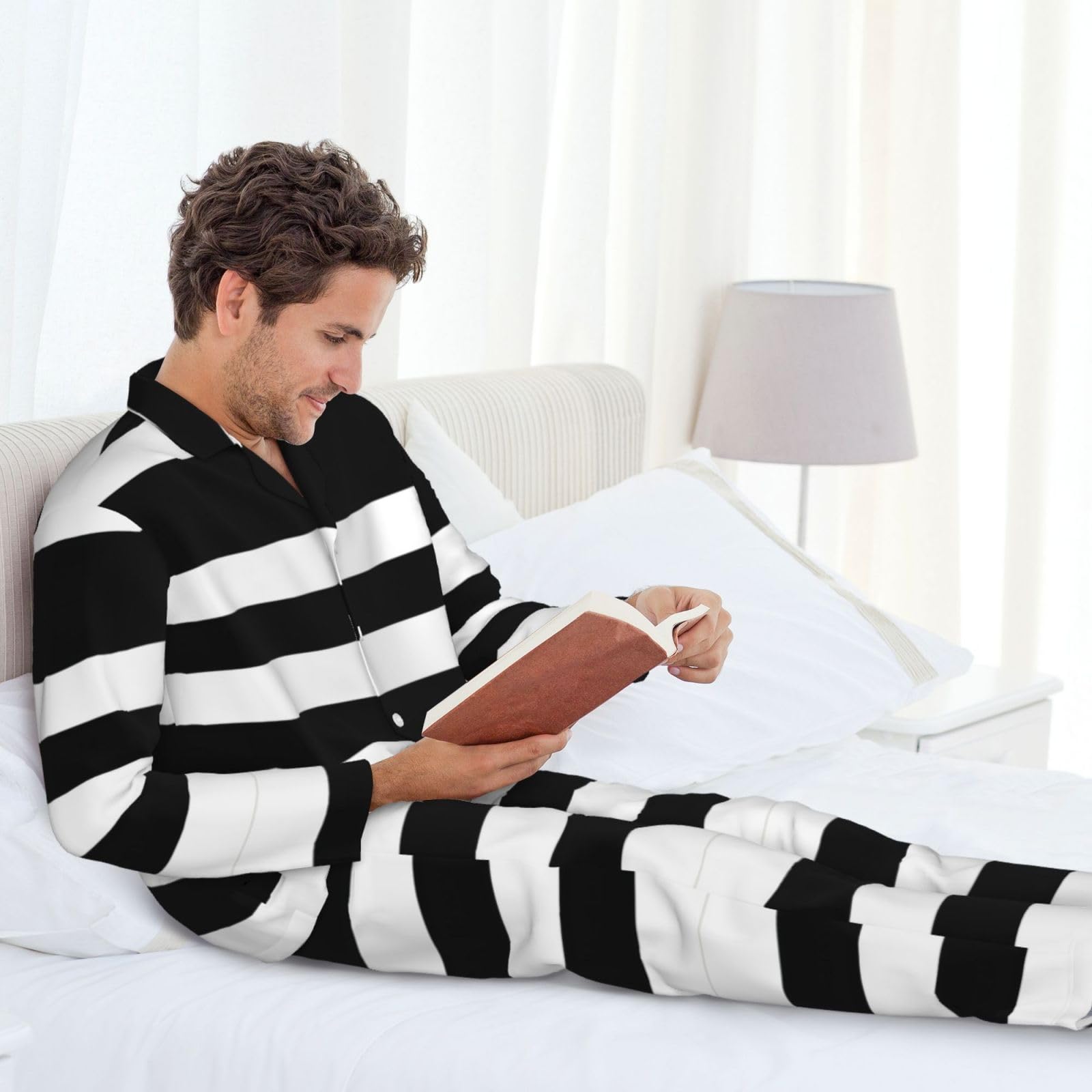 Indumenti durevoli per dormire a righe nere e bianche - Set pigiama da uomo in 2 pezzi - Set pigiama da uomo ideale per tutte le stagioni